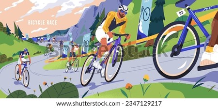 Bicycle race. Cyclists cycling on road bikes. People racers riding at fast speed at sport competition rally. Many bicyclists driving on highway track outdoors. Flat vector illustration