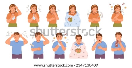 Boys and girls with flu set. Ill sick kid sneezing, coughing. Child with influenza, runny nose, headache, fever, sore throat, illness. Flat vector illustration people with sick symptoms feeling unwell Royalty-Free Stock Photo #2347130409