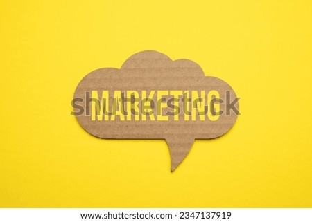 Marketing speech bubble text on yellow paper background. Customer feedback, survey sign, banner or message.