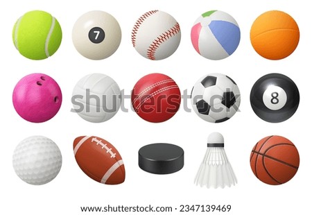 Realistic sport balls and rockets, hockey puck, 3D equipment for football, soccer, baseball, golf and tennis. Vector set illustration of balls for professional sport activities and games