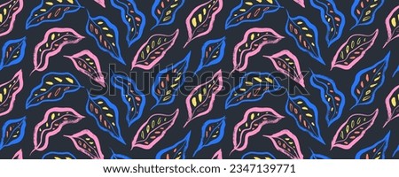 Colorful tropical exotic leaves seamless banner. Hand drawn vector botanical seamless pattern with maranta and calathea leaves. Brush drawn jungle plants, exotic wallpaper. Foliage organic texture.