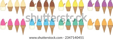 Ice cream swirl in cup and cones separated isolated color. Orange mint mango yam chocolate blueberry strawberry vanilla, Vector illustration on white background. Cute simple minimalist style. Sticker