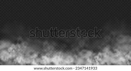 Growing smoky fog, mist or vapour from groud, realistic illustration. Cloud or stream effect, halloween scene decoration and spooky atmosphere, clubs of fluffy dramatic smoke or haze Royalty-Free Stock Photo #2347141933