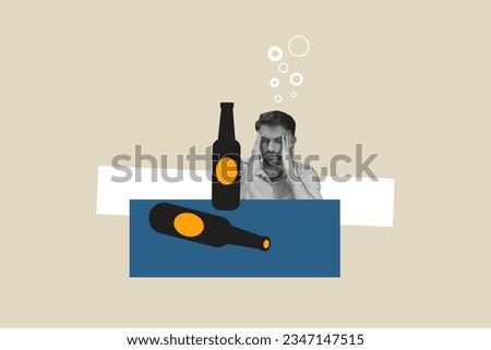 Composite collage picture of black white colors guy suffer hangover headache empty beer bottle isolated on drawing background