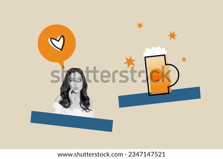 Collage portrait of black white effect minded girl think dream heart bubble big beer pint isolated on beige background
