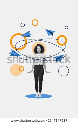 Vertical collage picture of impressed speechless black white colors girl connection flying paper planes isolated on painted background