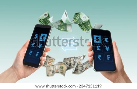 Online money exchange. Women with mobile phones, closeup. Dollar and euro banknotes flying between devices on color background