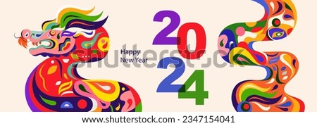 Happy New Year 2024 concept design. Happy Chinese New Year 2024 vector design. Symbol of 2024. Year of the Dragon. 2024 Happy New Year template. Vector illustration with colorful Dragon in folk style.