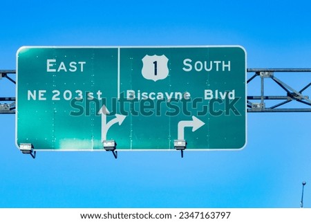 street sign highway no 1 direction Key Biscane Miami, USA
