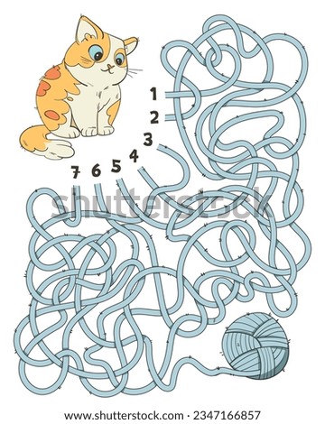 Help cat find the right thread that leads to the ball of wool. Children logic game to pass the maze. Educational game for kids. Attention task. Choose right path. Funny cartoon character Royalty-Free Stock Photo #2347166857