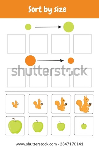 Match by size. Sort by size. Size sorting game. Kindergarten logic kid lessons, skill play puzzle for kids. Logical games for preschool, kindergarten learning, homeschooling. Autumn objects.
