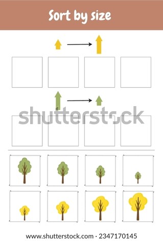 Match by size. Sort by size. Size sorting game. Kindergarten logic kid lessons, skill play puzzle for kids. Logical games for preschool, kindergarten learning, homeschooling. Autumn objects.
