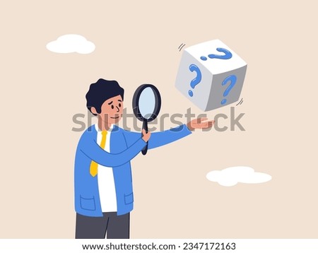 Random or chance to win concept. Unknown or uncertain. Gamble, risk management or analyze opportunity, prediction or forecast future, businessman with magnifying glass analyze dice with question mark. Royalty-Free Stock Photo #2347172163