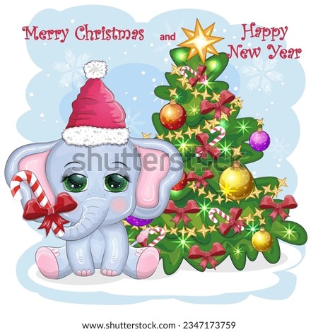 Cute cartoon elephant, childish character in santa hat with gift, christmas ball or candy cane near christmas tree. New Year