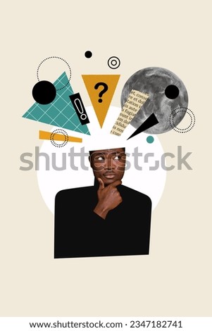 Vertical collage picture of minded guy hand touch chin exclamation question mark piece book page full moon head isolated on beige background Royalty-Free Stock Photo #2347182741