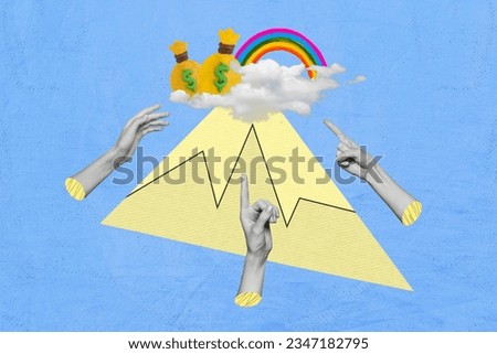 Photo cartoon comics sketch collage picture of fingers pointing money rainbow isolated creative background