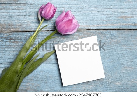 Blank invitation card mockup, white square greeting card with purple flower on a blue wooden background, flat lay. Above view of a white sheet on a blue wooden surface
