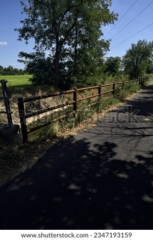 Paved  path next to a creek and a field bordered by trees on a sunny day in the italian countryside