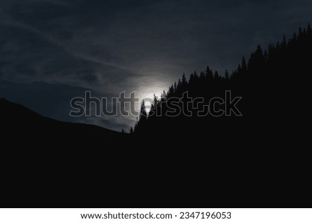 Night scene in the Tatras, the moon rises from behind the mountains, illuminating the silhouettes of trees. High quality photo