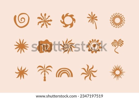 Vector logo and print design templates, summer palms, tropical hand drawn illustrations, tropical surfing concept, vacation and travel, palm trees and hippie boho elements Royalty-Free Stock Photo #2347197519