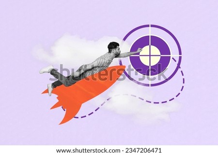 Picture poster pop collage of persistent guy entrepreneur flying on rocket forward dream isolated purple drawing background