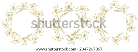 Luxury botanical gold wedding frame elements on white background. Set of circle, square, polygon shapes from leaves, flowers. Elegant foliage design for wedding, cards, invitations, greetings