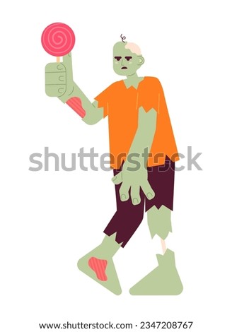Zombie halloween party flat concept vector spot illustration. Helloween monster costume 2D cartoon character on white for web UI design. Lollipop holding isolated editable creative hero image