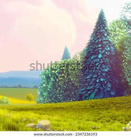 This cool picture has great graphics of trees and grass
