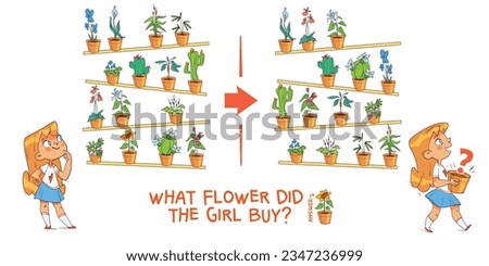 Find the differences puzzle game. What flower did the girl buy? Find hidden objects in the picture. Puzzle Hidden Items. Educational game for children. Colorful cartoon characters. Funny illustration Royalty-Free Stock Photo #2347236999