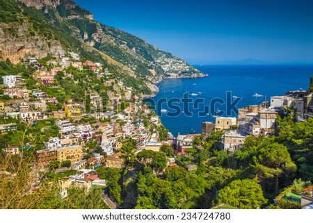 Scenic picture-postcard view of the town of Positano at famous Amalfi Coast with Gulf of Salerno in beautiful evening light, Campania, Italy