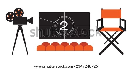Cinema elements set. Video camera, director chair, cinema screen. Vector illustration for cinema theater, film, show, movie making concept. Flat vector illustration isolated on background Royalty-Free Stock Photo #2347248725