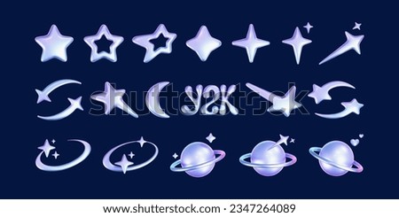 3d holographic stars and planets set in y2k, futuristic style on dark background. Render 3d cyber chrome galaxy emoji with falling star, planet, bling, spark, moon, hearts. 3d vector y2k illustration Royalty-Free Stock Photo #2347264089