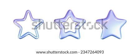 3d holographic stars set in y2k futuristic style isolated on white background. Render 3d cyber chrome galaxy emoji with falling and flying stars, blings and sparks. 3d vector y2k illustration