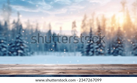 The empty wooden table top with blur background of winter in Finland. Exuberant image. Royalty-Free Stock Photo #2347267099