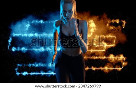 Runner running. Athlete sprinter run. Fit woman Influencer in neon colors. Download photo for advertising a fitness club in social networks. Cover for sport motivation music or video.