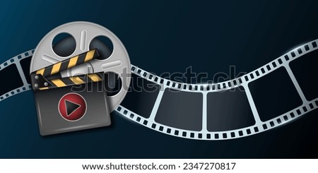 Film strip in waveform with film cinema roll. Cinema background with 3d equipment. Movie art template for cinema festival, ticket, advertising, brochure. Cinematography concept of film industry. Royalty-Free Stock Photo #2347270817