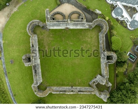 Aerial ground plan view of Ballymote castle ruined Anglo Norman castle in Cannacht, county Sligo with round towers, D shaped tower, large gate tower, double faced walls, sallyport in Ireland