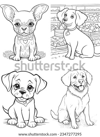 Dog Character Vector, Coloring Book Page with dogs, Coloring page outline of a cute Puppy, coloring page with Animal character