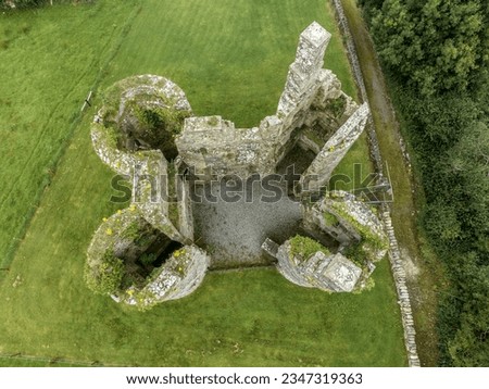 Aerial view of Ballinafad Castle, also known as the Castle of the Curlew, small central block dwarfed by four massive corner towers near Lough Arrow in Ireland