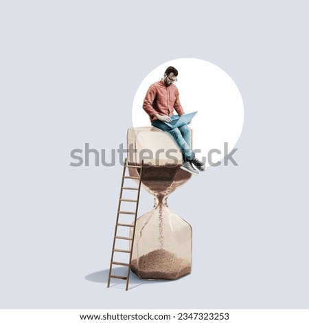 A manager with a laptop sits on the hourglass. Art collage. Royalty-Free Stock Photo #2347323253
