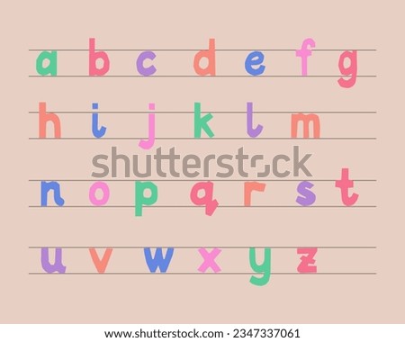 Childish cut out pastel lowcases letter collection. Kids typeface. Stylized isolated characters on lined background. Funky typeset in flat papercraft style. Ideal for school kids lettering design