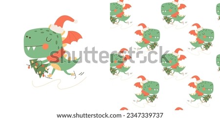 A cute cartoon green dragon in a Santa hat with  Christmas tree on New year 2024. Vector illustrations