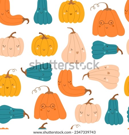 Seamless pattern cartoon cute pumpkins. Autumn thanksgiving and halloween pumpkins. Vector illustrations