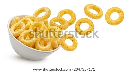 Falling crispy onion rings isolated on white background Royalty-Free Stock Photo #2347357171