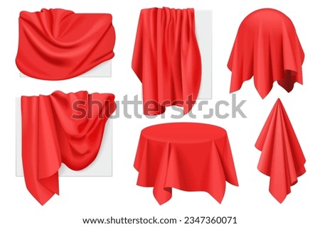 Red fabric covers on objects with drapery set vector illustration. 3D realistic isolated drape in cloth on secret sphere and round table, paintings or advertising frame hidden with satin blanket Royalty-Free Stock Photo #2347360071