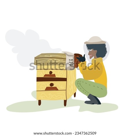 Vector illustration of cartoon character man, woman fumigates beehives with bees, beekeeping, honey.