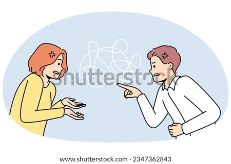 Couple fight involved in toxic relationship blaming each other. Man and woman argue lead to breakup or divorce. Relation problem. Vector illustration. Royalty-Free Stock Photo #2347362843