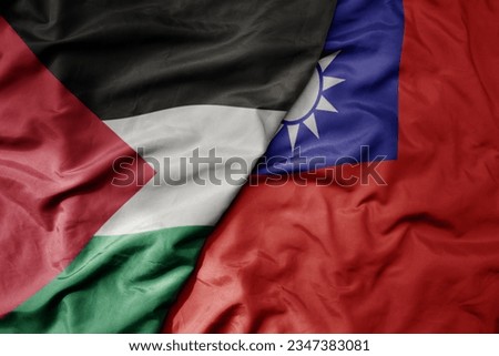 big waving realistic national colorful flag of palestine and national flag of taiwan . macro