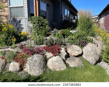 Incredible dry laid, stacked boulder, wall at a private residence.  Landscaping added above the wall and in pockets of the wall.  Best boulder wall I've seen my 30 years in the landscaping business. Royalty-Free Stock Photo #2347385883
