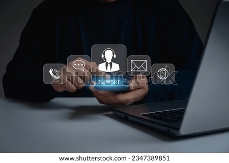 Technical Support Center Customer Service Internet Business Technology Concept. concept of creating customer service and support in the abstract graphics above a smartphone in the hands of a persona.